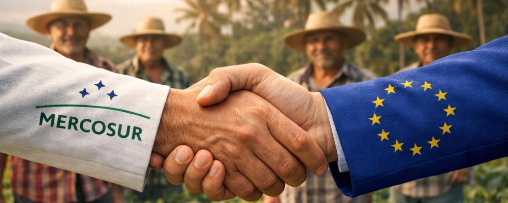 Den europeiska branschorganisationen Confederation of European Paper Industries, Cepi, välkomnar i ett uttalande undertecknandet av partnerskapsavtalet mellan EU och Mercosur.  En ohelig allians av högerextremister och vänsterpartier i Europaparlamentet sade emellertid nej till avtalet. Därmed ligger frågan nu hos EU:s domstolar, som ska pröva hur avtalet förhåller sig till unionsrätten och EU:s klimat- och miljölagstiftning. Illustration, ej fotografi- AI-genererat innehåll, Copyright, Conventus.