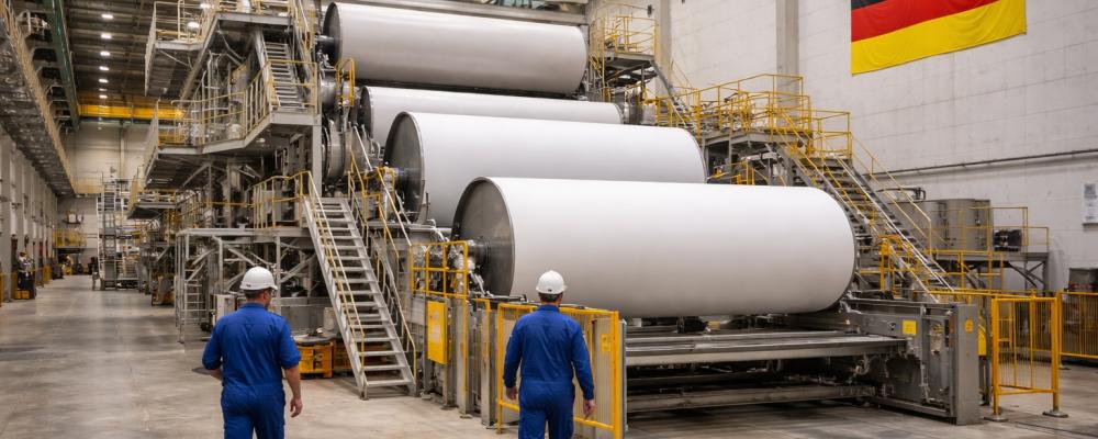 Flera tyska pappersbruk har under det senaste året tvingats minska produktionen eller tillfälligt stänga delar av verksamheten. Skillnaden i energikostnader jämfört med konkurrenter i Nordamerika och Asien uppges i vissa fall vara så stor att europeiska producenter får svårt att konkurrera, även på hemmamarknaden.  Illustration: AI-genererad bild. Ej ett fotografi. Upphovsrätt © Conventus