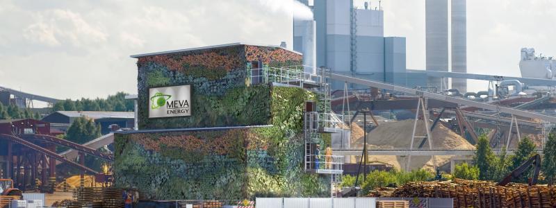 Visualisering av en förgasningsanläggning intill ett pappersbruk. Bild: Meva Energy
