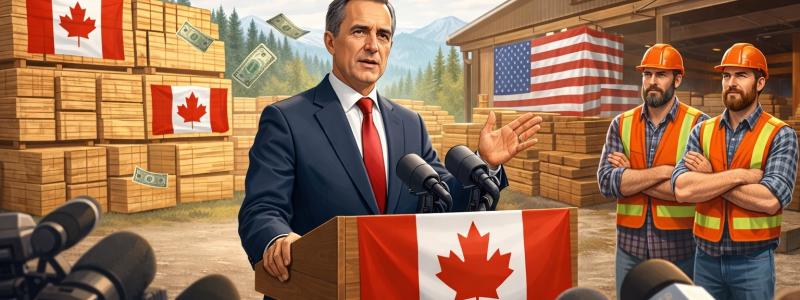 Kanadas premiärminister Mark Carney presenterade åtgärderna nyligen vid ett besök på Gorman Brothers sågverk i British Columbia: Symbolbild: AI-genererad bild. Ej ett fotografi. Upphovsrätt © Conventus–