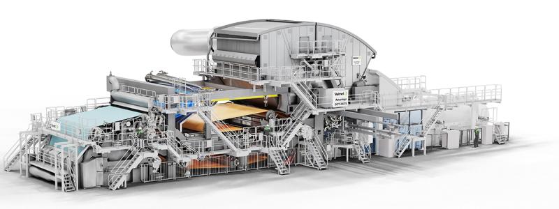 Den nya maskinen, TM 5, kommer att ha en bredd på 5,6 meter och en konstruktionshastighet på 2 200 meter per minut, vilket ger en kapacitet på 70 000 ton tissue-produkter.  Bild: Valmet