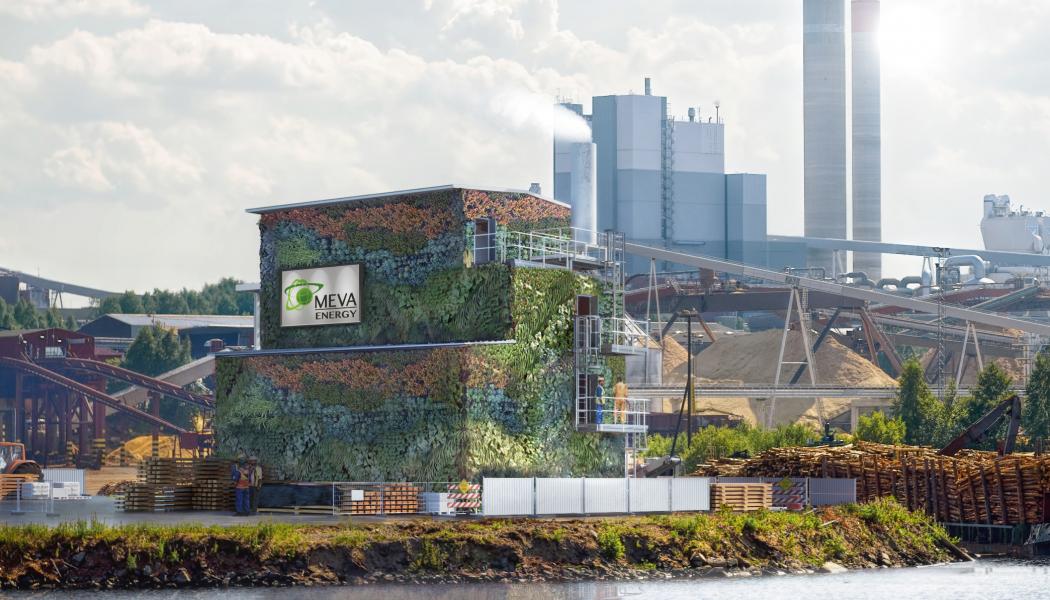 Visualisering av en förgasningsanläggning intill ett pappersbruk. Bild: Meva Energy