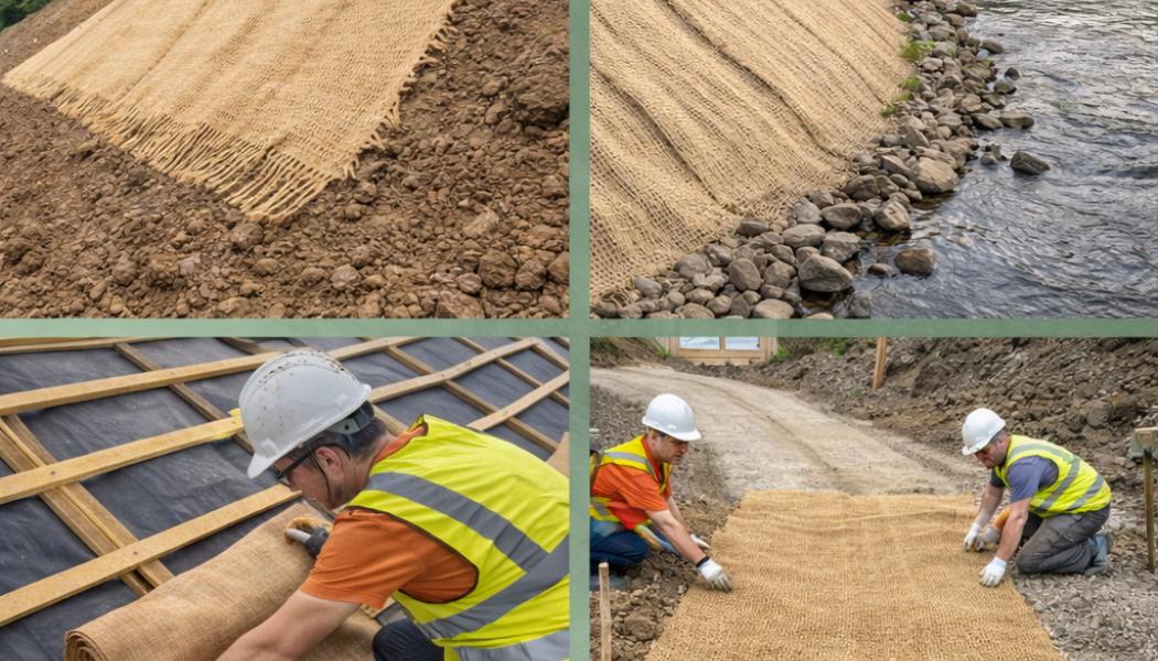 Dessa material kan användas exempelvis för tillfällig stabilisering av slänter, flodbankar, vid takläggning och isolering och tillfälliga vägar på byggarbetsplatser. Illustration, ej fotografi – AI-genererat innehåll, copyright, Conventus. 