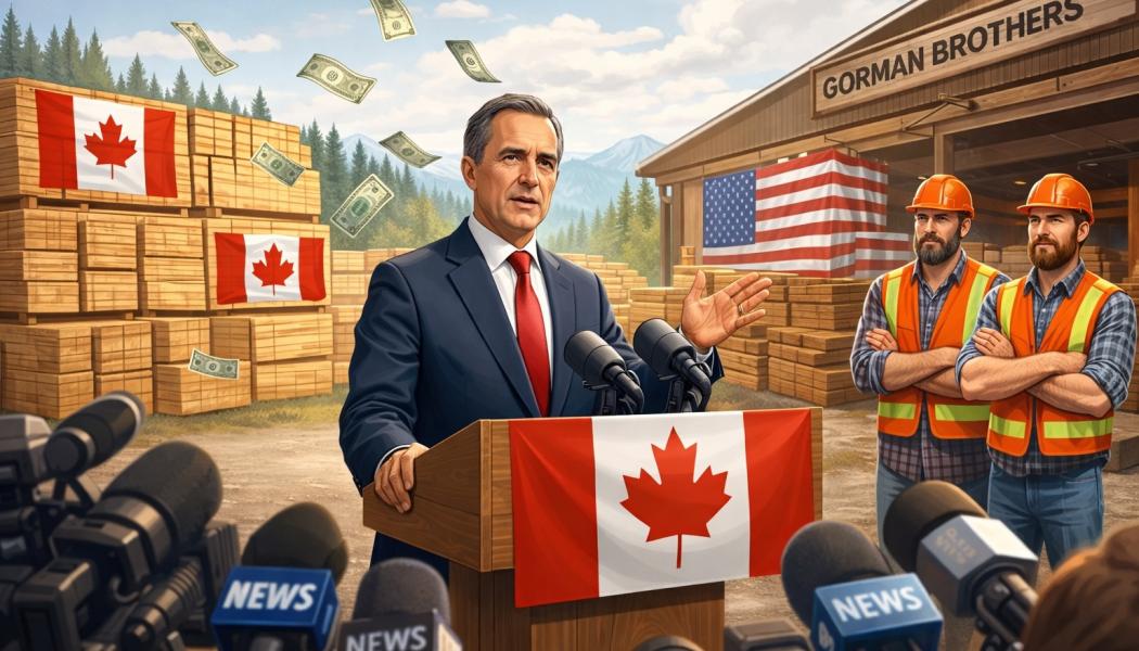 Kanadas premiärminister Mark Carney presenterade åtgärderna nyligen vid ett besök på Gorman Brothers sågverk i British Columbia: Symbolbild: AI-genererad bild. Ej ett fotografi. Upphovsrätt © Conventus– 