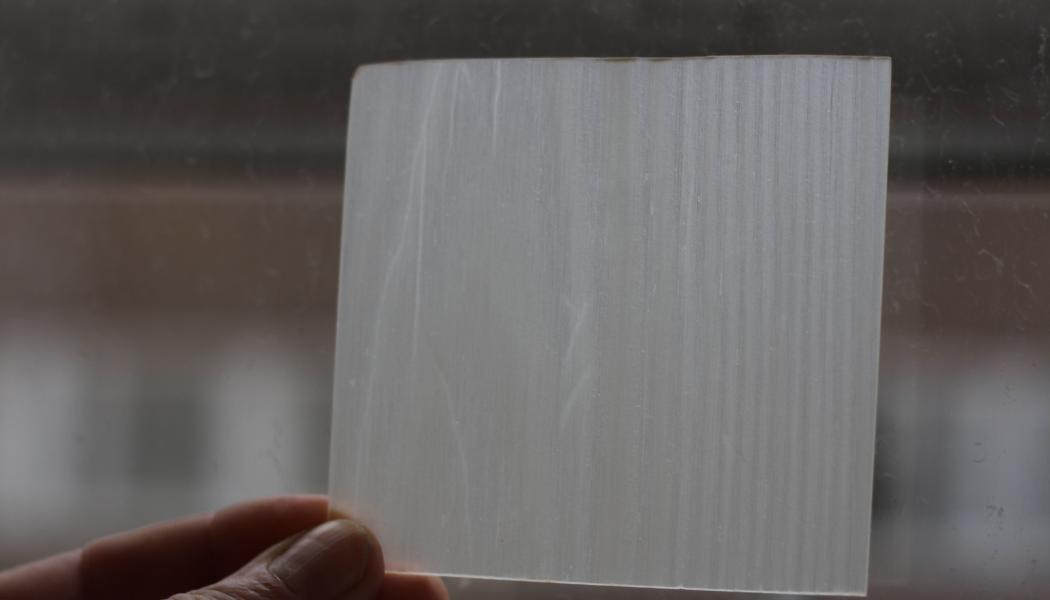 Ett konkret exempel på skogsforskning. Ett ark av transparent trä som togs fram häromåret Wallenberg Wood Science Center, en av utställarna på seminariedagen. Foto: Simon Matthis 