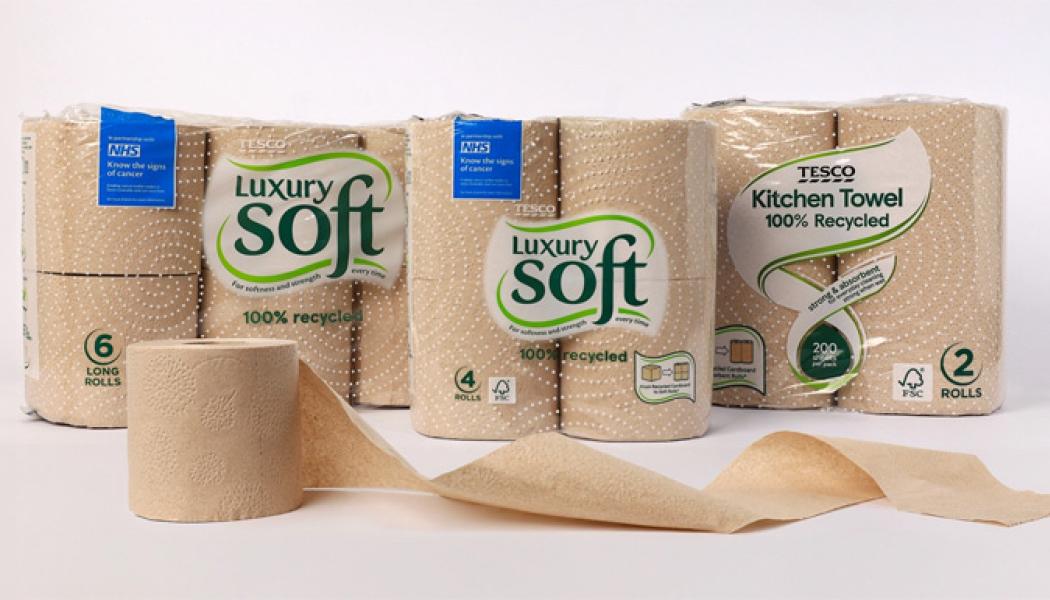 Det som skiljer Tescos återvunna pappersprodukter åt är deras naturliga beige färg, eftersom de är obehandlade, vilket eliminerar behovet av starka kemikalier. Foto: Tesco