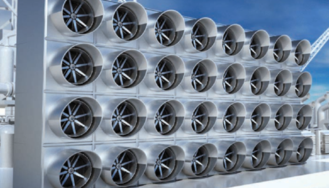 Konstnärlig rendering av CCS-systemet Direct Air Capture som ska testas på fyra industrianläggningar runtom i USA, däribland ett containerboardbruk.  Bild: U.S. Department of Energy (DOE)