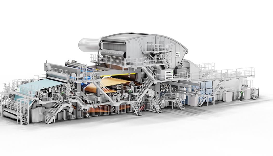 Den nya maskinen, TM 5, kommer att ha en bredd på 5,6 meter och en konstruktionshastighet på 2 200 meter per minut, vilket ger en kapacitet på 70 000 ton tissue-produkter.  Bild: Valmet