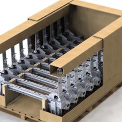 Den nya fiberbaserade förpackningen är tänkt att ersätta metallcontainrar vid transport av chassidelar. Foto: DS Smith Tecnicarton