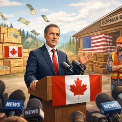 Kanadas premiärminister Mark Carney presenterade åtgärderna nyligen vid ett besök på Gorman Brothers sågverk i British Columbia: Symbolbild: AI-genererad bild. Ej ett fotografi. Upphovsrätt © Conventus–