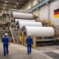 Flera tyska pappersbruk har under det senaste året tvingats minska produktionen eller tillfälligt stänga delar av verksamheten. Skillnaden i energikostnader jämfört med konkurrenter i Nordamerika och Asien uppges i vissa fall vara så stor att europeiska producenter får svårt att konkurrera, även på hemmamarknaden.  Illustration: AI-genererad bild. Ej ett fotografi. Upphovsrätt © Conventus